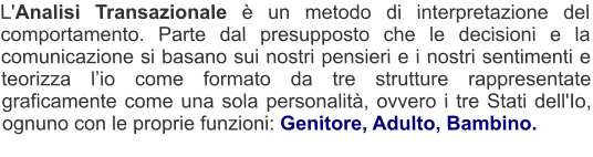 L'Analisi Transazionale è un metodo di interpretazione del comportamento. Parte dal presupposto che le decisioni e la comunicazione si basano sui nostri pensieri e i nostri sentimenti e teorizza l’io come formato da tre strutture rappresentate graficamente come una sola personalità, ovvero i tre Stati dell'Io, ognuno con le proprie funzioni: Genitore, Adulto, Bambino.