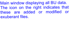 Main window displaying all BU data. The icon on the right indicates that these are added or modified or exuberant files.